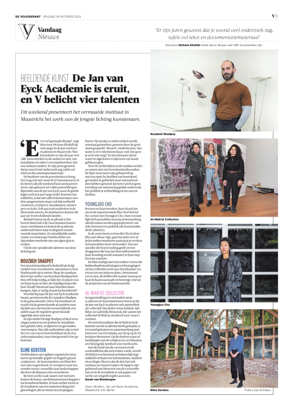 Talenten van de Jan van Eyck academie in Maastricht in de spotlight in de Volkskrant | Sas Schilten